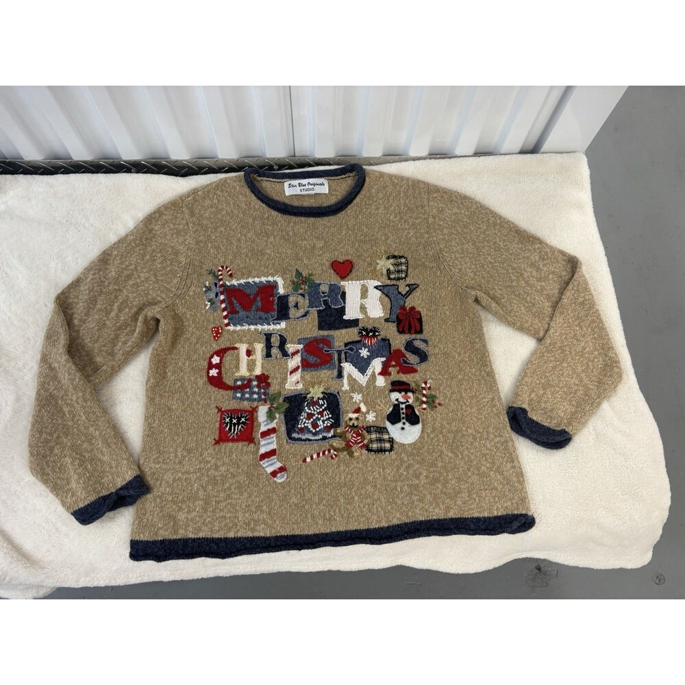 Star Blue Originals Christmas Sweater Embellished Country Chic "Ugly" Beaded L